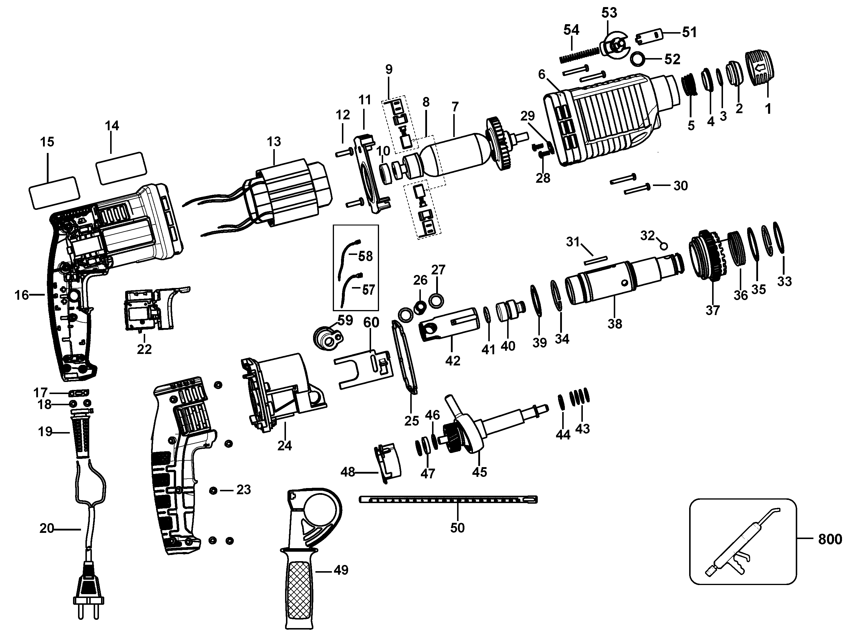Default Diagram and Parts List for KD800K-AR Type 1 Black and Decker Hammer Drill